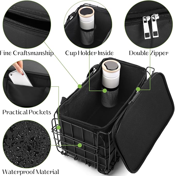 Aodaer Bike Basket with Removable Liner Bag Cargo Net Large Folding Bike Basket Quick Release Metal Ebike Basket Bicycle Storage Basket for Carrying Fruit & Grocery Pets Dogs