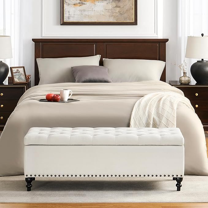 Ottoman with Storage,50.2-inch Upholstered End of Bed Storage Bench for Bedroom,for The Living Room,for Entryway, with Rivets & Button and Safety Hinges,Detachable (White)