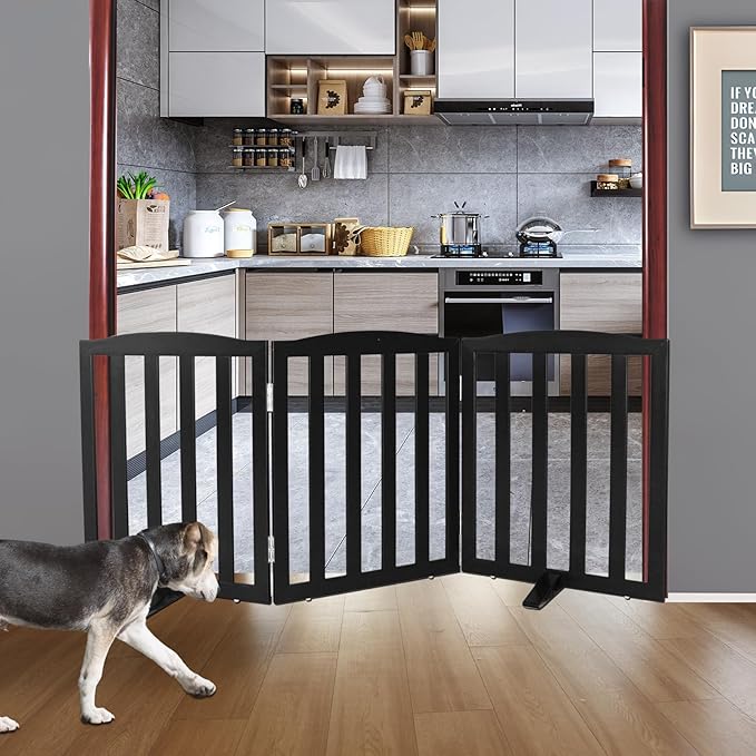 ZJSF Foldable Freestanding Indoor Dog Gate for House Wood Long Pet Gates Dog Fence for Stairs Puppy Gates for Hallways, Puppy Gate,Support Feet Included, Black, 24 "Height-3 Panels
