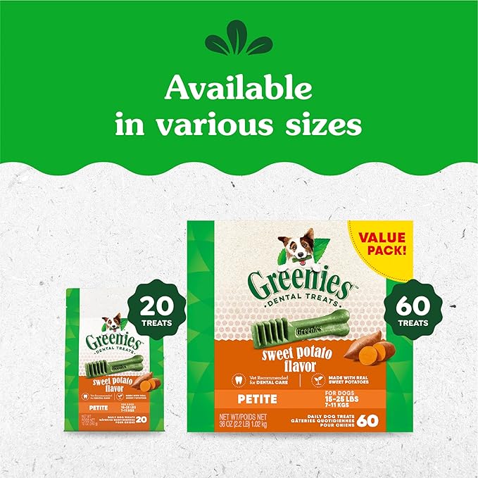 Greenies Petite Dental Dog Treats, Sweet Potato Flavor, 12 oz. Pack (20 Treats)