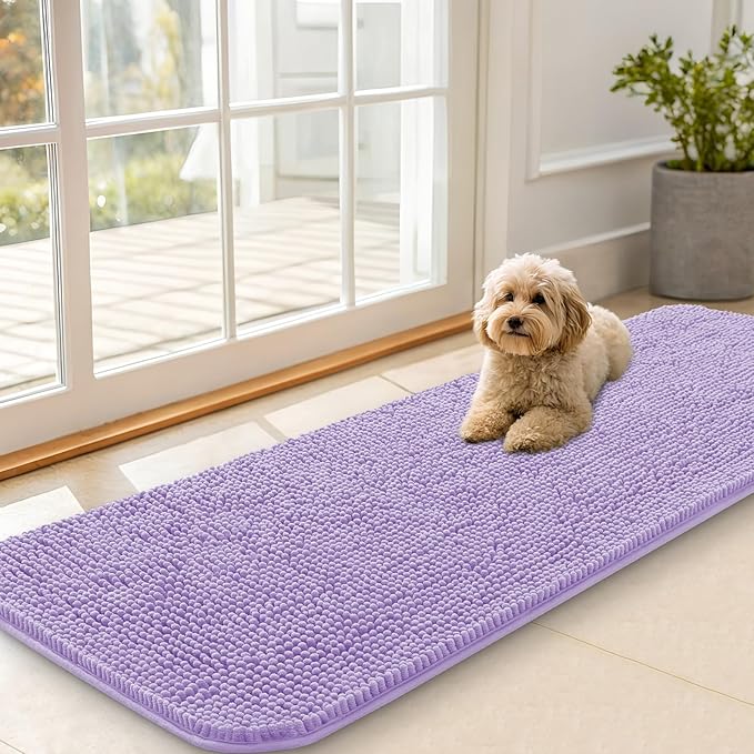 OLANLY Dog Door Mat for Muddy Paws 59x20, Absorbs Moisture and Dirt, Absorbent Non-Slip Washable Doormat, Quick Dry Chenille Mud Mat for Dogs, Entry Indoor Entryway Carpet for Inside Floor, Lavender