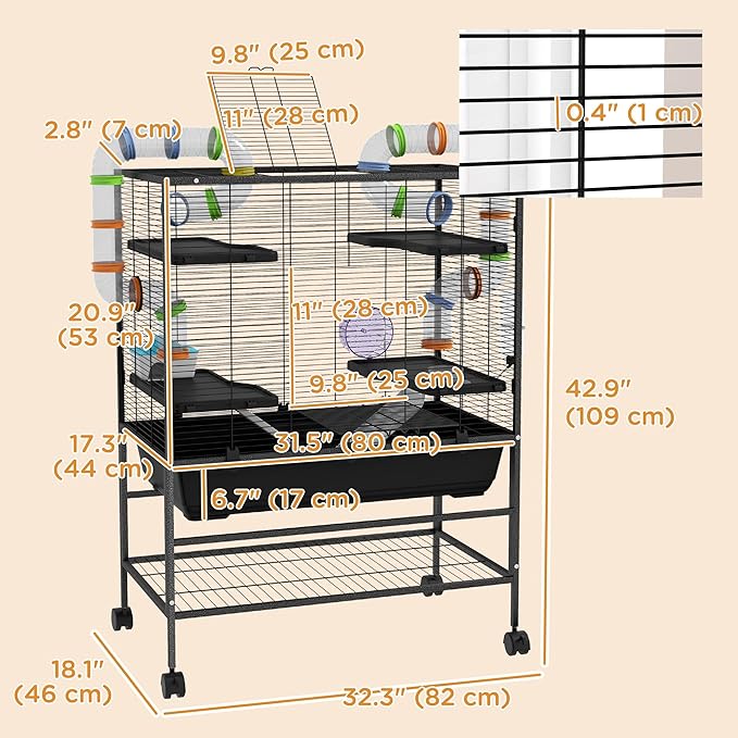 PawHut 32" Large Hamster Cage with Storage Shelf, Rat Cage for Syrian Hamster, Gerbils, with Tubes, Running Wheel, Food Dish, Water Bottle