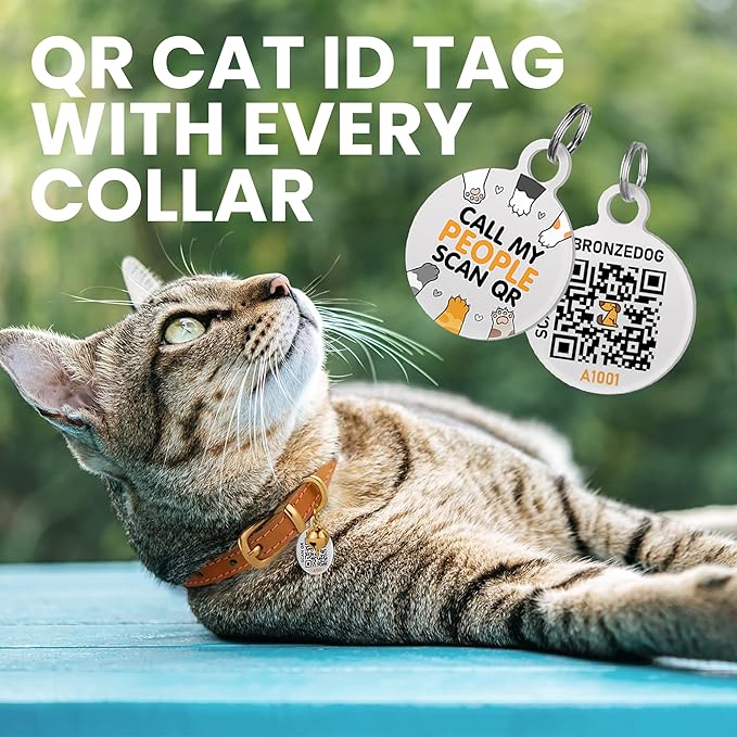 BRONZEDOG Leather Cat Collar with Removable Bells Non Breakaway Kitten QR Tag for Girl Boy (9" - 12" Cats/Mini Dogs, Green & Gold)