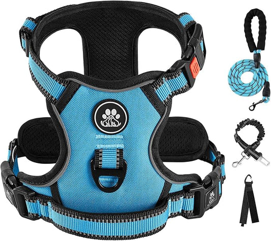 IVY&LANE No Pull Dog Harness for Large Dogs, Dog Vest Harness with Leash, Safety Belt and Storage Strap, Fully Adjustable Harness, 360° Reflective Strip, Soft Handle (Blue, L)