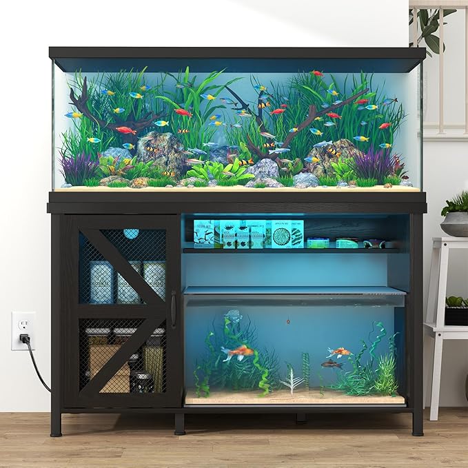 Verano 55-75 Gallon Aquarium Stand with Storage Cabinet, Fish Tank Stand with Power Outlets & LED Light, Wooden Turtle Tank 52 inch x 19.7-inch Desktop, Heavy Duty Steel Frame,1100LBS Capacity (Black)