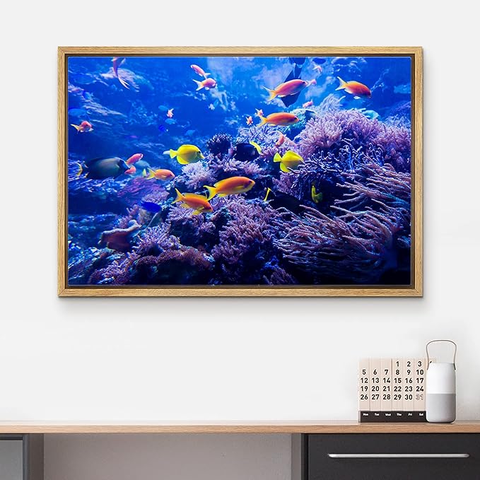 wall26 Framed Canvas Print Wall Art Purple Blue Vibrant Anemone Coral Reef Fish Nature Animals Realism Rustic Scenic Landscape Wilderness Colorful for Living Room, Bedroom, Office - 24"x36" Natural