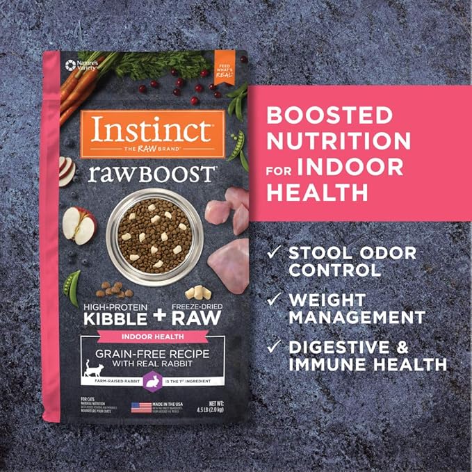 Instinct Raw Boost Indoor Health, Natural Dry Cat Food with Freeze Dried Pieces, Grain Free Recipe - Real Rabbit, 4.5 lb. Bag