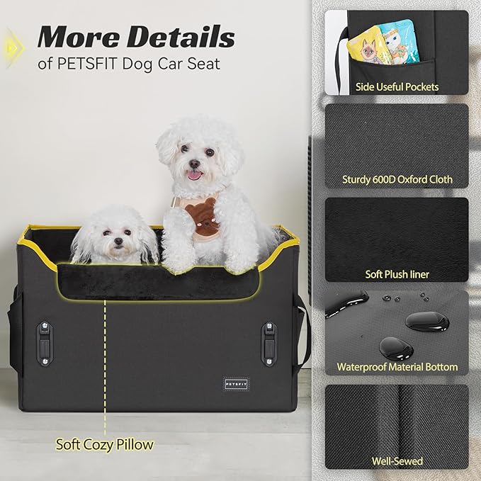 PETSFIT Dog Booster Car Seat, Dog Car Seats for Medium Sized Dogs or 2 Small Pets with 2 Safety Leashes and Patented Buckles, Carseat for Dogs with Storage Pockets for Pets Under 45Lbs (Black)