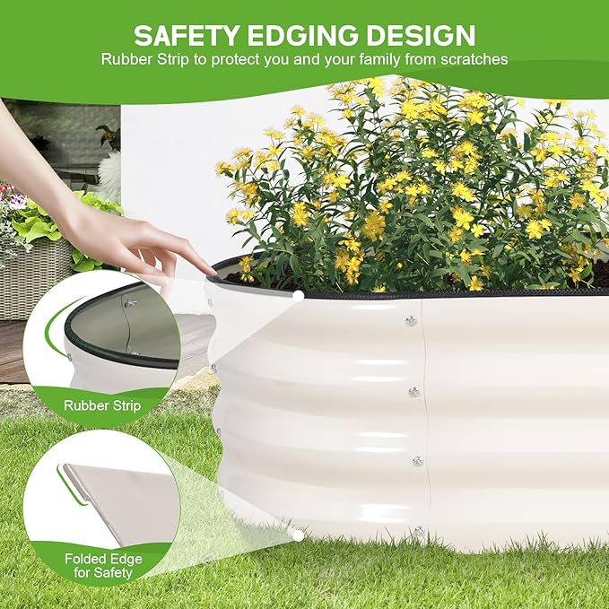 Galvanized Raised Garden Bed Outdoor - 4×2×1ft Planter Raised Beds for Gardening | Oval Metal Garden Planter Box with Safety Edging and Gloves for Vegetables Fruits and Flowers - White
