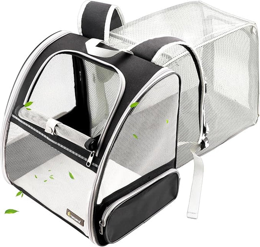 Texsens Cat Backpack - Expandable Pet Carrier for Medium Cats and Small Dogs up to 17 lbs - Breathable, Collapsible & Soft Cat Travel Bag for Outdoor Hiking (Black)