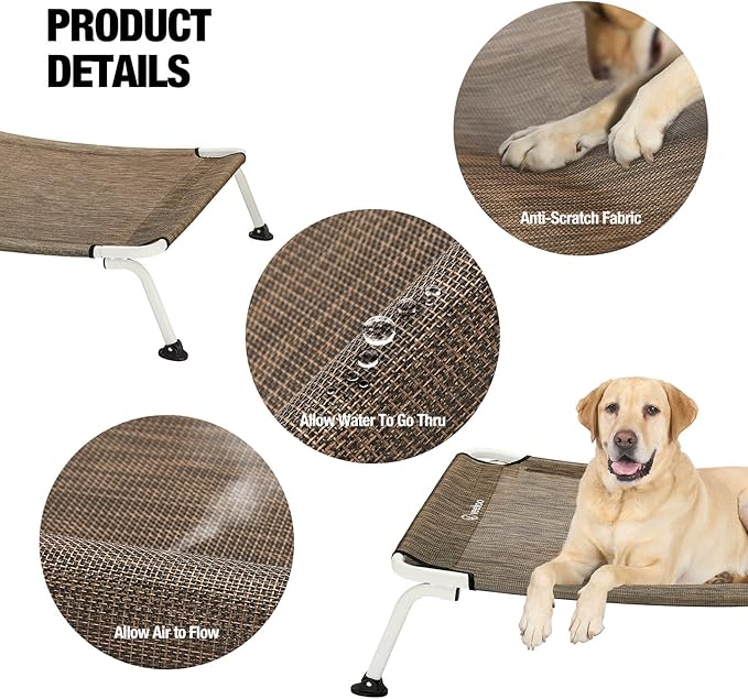 Veehoo Elevated Dog Bed for Outdoor, Cooling Waterproof Raised Dog Cots Beds for Large Dogs, Curved Off Ground Pet Hammock Cot Lifted for Outside, up to 85lbs, White Legs, Brown 42"