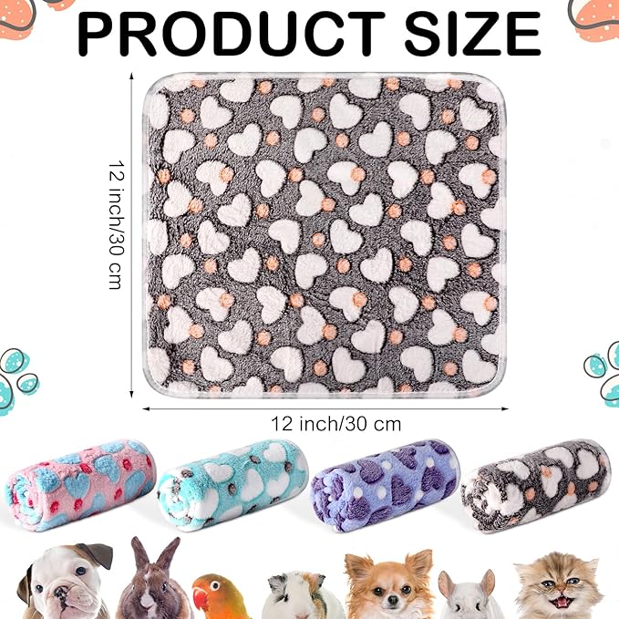 Reginary 4 Pcs Waterproof Guinea Pig Blankets Washable Small Animal Fleece Bedding Absorbent Guinea Pig Cage Liners Reusable Pet Pee Pad Sleep Mat for Hamster Ferret(Heart Pattern,12 x 12 Inch)