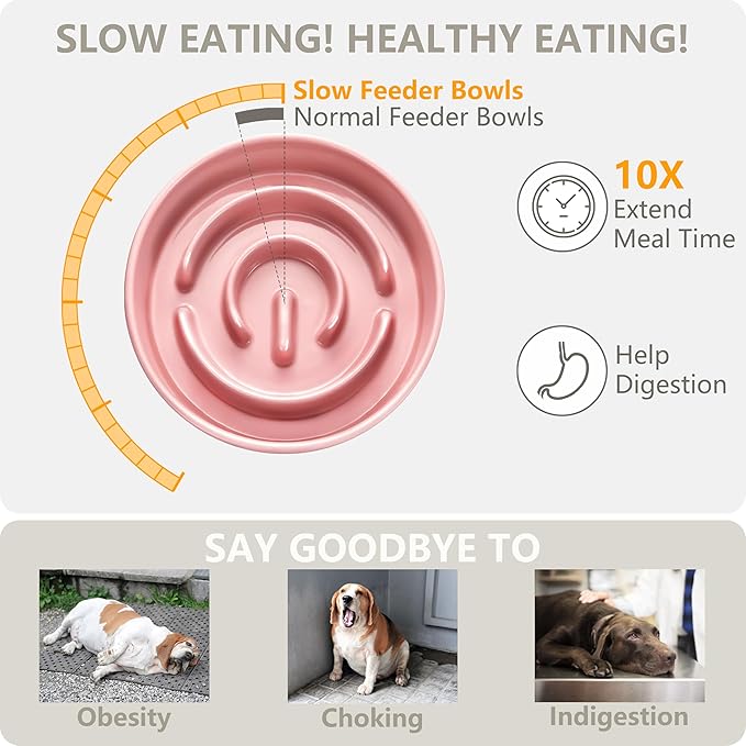 Ceramic Slow Feeder and Water Bowl Set for Medium and Large Dogs, Ceramic Dog Bowls Elevated with Wooden Stand, 2.0 Cups Dog Slow Feeder(30oz) and 70oz Water Bowl Set, Pink