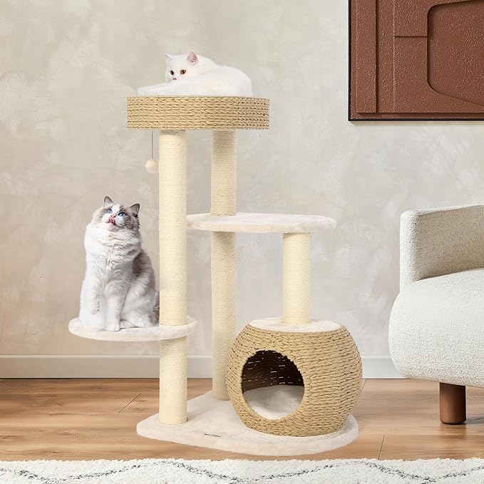 KAMABOKO Modern Cat Tree, 39" Tall Cat Trees for Kittens Climb Play & Rest, Cat-Tree for Indoor Cats w/Natural Sisal Scratching Posts, Hand-Woven Condo & Top Perch