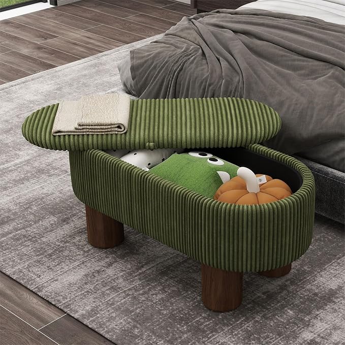 Bench with Storage 43 inch, Upholstered Corduroy Farbic Green Oval Footrest with Hidden Storage, Stool Modern Design Legs for Bedroom, Living Room, and Entryway Furniture Ottoman
