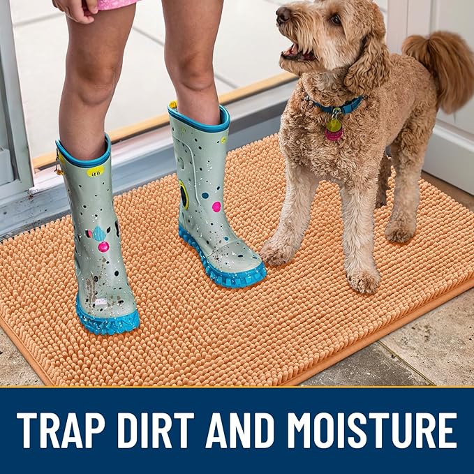 Smiry Dog Door Mat for Muddy Paws 30x20, Absorbs Moisture and Dirt Doormat, Non-Slip Washable Quick Dry Chenille Front Door Mat Indoor Entrance, Entryway Carpet for Inside Floor, Orange