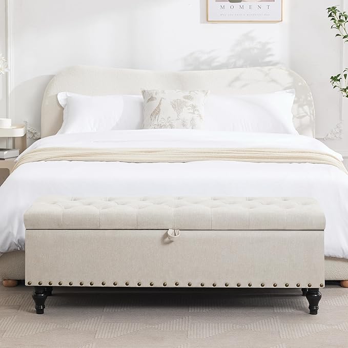 Mangodan51” Linen End of Bed Storage Bench, Tufetd Upholstered Storage Ottoman Bench with Safety Hinge, 330 lb Large Ottoman with Storages for Living Room, Entryway & Bedroom, Window Benches, Beige