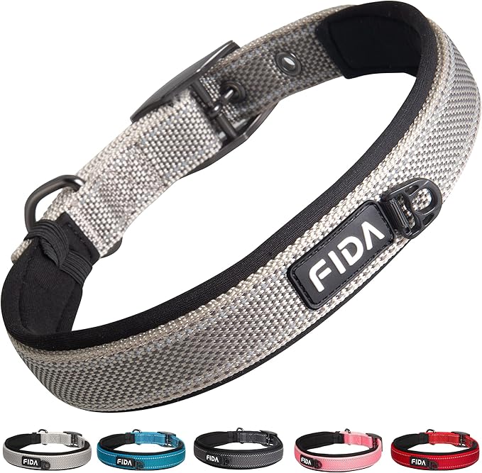 Fida Heavy Duty Dog Collar, Ultra Comfortable Soft Neoprene Padded, Adjustable Reflective Nylon Pet Collar with Durable Metal Belt Buckle for Small Breeds (S, Grey)