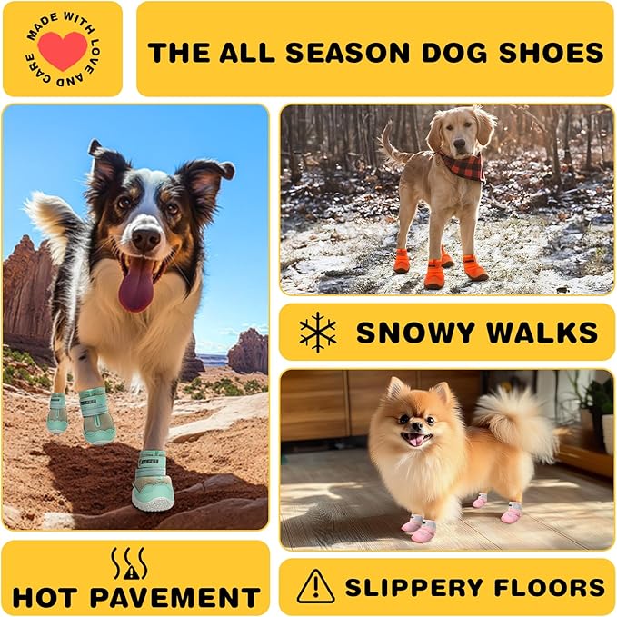 Hcpet Dog Shoes for Large Dogs, Breathable Dog Booties for Small Medium Dogs, Anti-Slip Dog Boots & Paw Protectors for Hot Pavement Winter Snow Hiking with Reflective Straps Orange Size 6