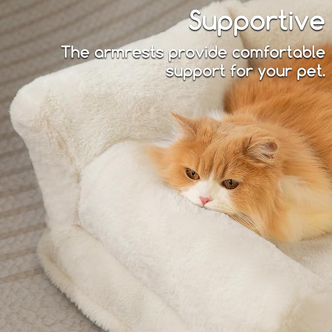 Hollypet Fluffy Plush Dog Cat Pet Couch Soft Calming Sofa Bed for Medium Small Cats and Dogs, Beige