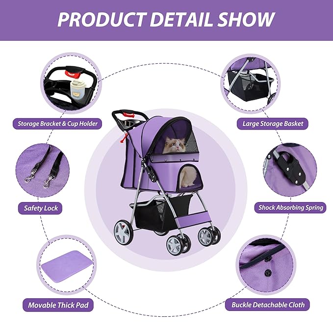 4 Wheels Pet Stroller for Small Medium Dogs Cats 10-33 lbs, Foldable Dog and Cat Stroller with Cup Holder & Storage Basket & Breathable Mesh, Pet Strolling Cart for All-Season, Purple