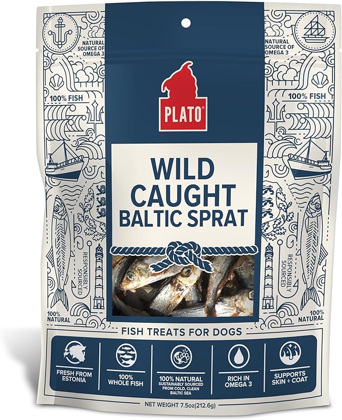 PLATO Pet Treats Fish Dog Treats - Air-Dried, Single Ingredient Dog Treat - with Omega 3 & 6 Fatty Acids to Support Skin and Coat - 100% Whole Fish - Wild Caught Baltic Sprat Dog Treats - 7.5 oz