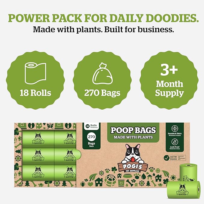 Pogi's Compostable Poop Bags – Leak-Proof, Extra-Large, Made with Plants – 18 Rolls (270 Bags)