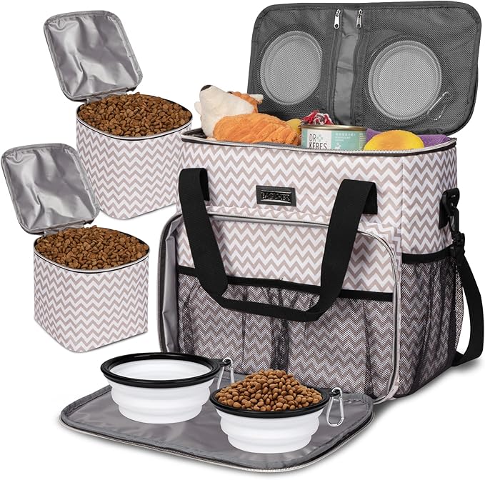 BAGLHER Dog Travel Bag, Pet Travel Bag (ALL Pet Travel Supplies), With 2 Pet Food Containers and 2 Collapsible Silicone Bowls; Essential Kits for Pet Travel BLW