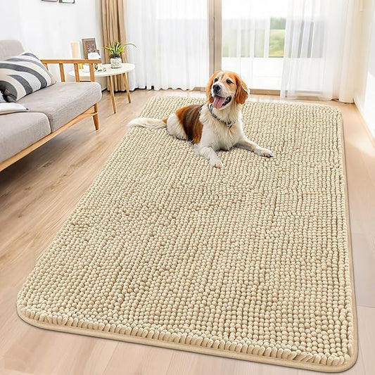 Smiry Dog Door Mat for Muddy Paws 59x35, Absorbs Moisture and Dirt Doormat, Non-Slip Washable Quick Dry Chenille Front Door Mat Indoor Entrance, Entryway Carpet for Inside Floor, Beige