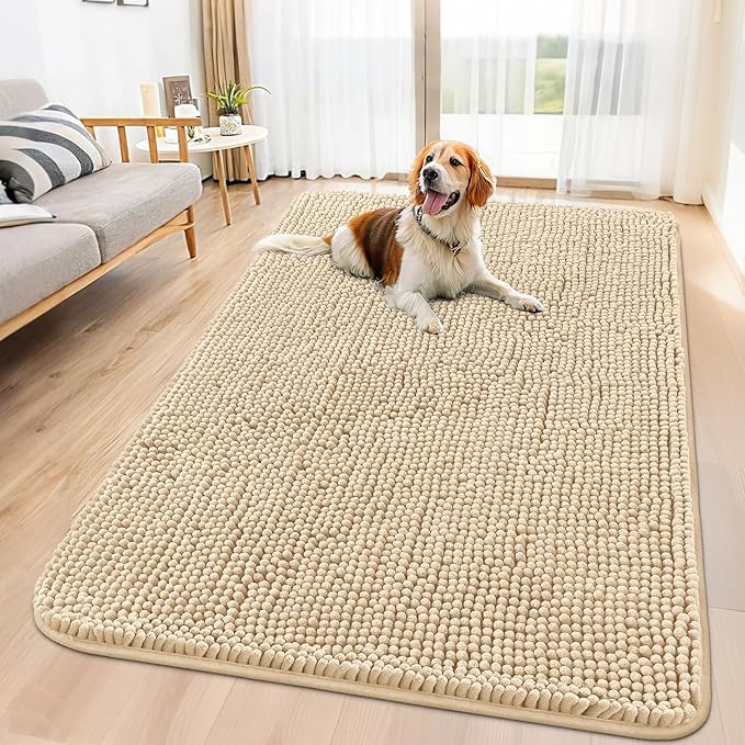 Smiry Dog Door Mat for Muddy Paws 59x32, Absorbs Moisture and Dirt Doormat, Non-Slip Washable Quick Dry Chenille Front Door Mat Indoor Entrance, Entryway Carpet for Inside Floor, Beige