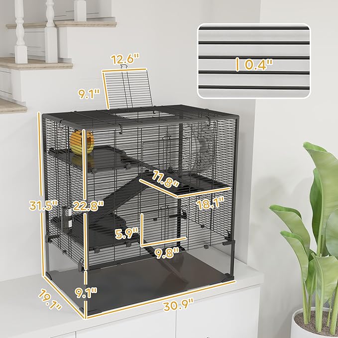 PawHut Large Hamster Cage with Deep Tempered Glass Bottom, 4 Tiers Hamster Tank with Running Wheel, Hut, Water Bottle, Dish, Rat Cage for Syrian, Dwarf, Gerbils, Mouse, 31" x 19" x 31.5", Black