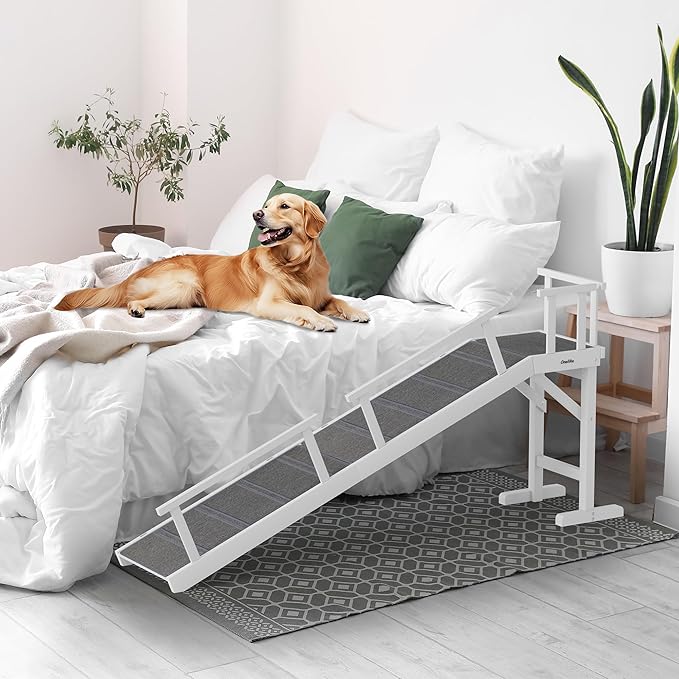 Onelike Wooden Dog Ramp for Bed with Removable Side Rail and Non-Slip Carpet, Stable Pet Ramp Stair for Couch Sofa for Small & Large & Senior Dogs, 74" Long Ramp White
