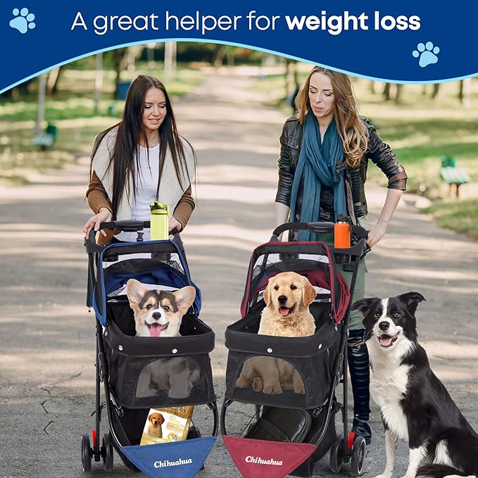 Pet Stroller,Dog Stroller for Small Medium Dogs Cats,3 Wheels,Foldable,with Breathable Mesh Canopy,Cup Holders,Easy Assembly,Blue+Black