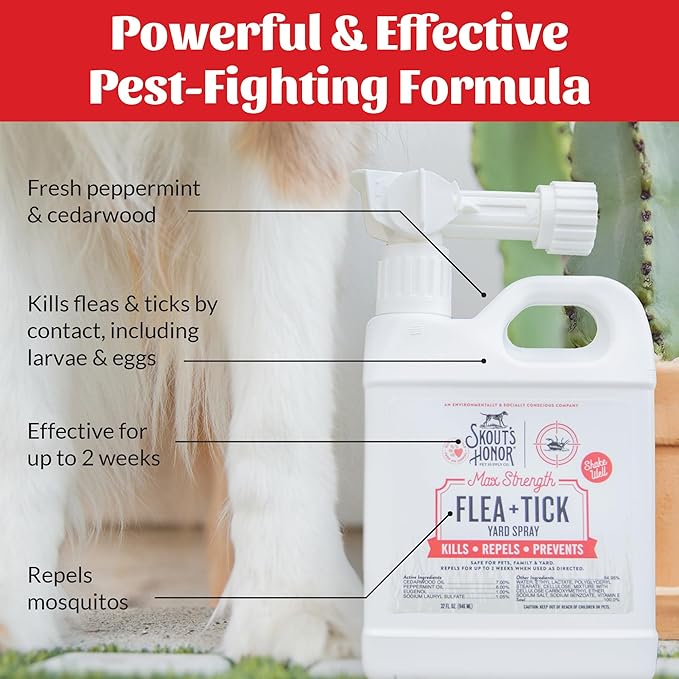 Skout's Honor Flea and Tick Yard Spray - Natural Peppermint & Cedarwood Formula, Helps to Protect from and Against Fleas, Ticks and Mosquitos, Covers upt o 5,000 Sq F, 32 oz.
