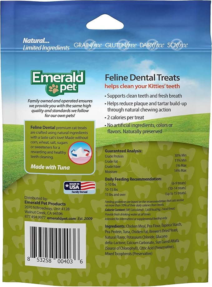 Feline Dental Treats — Tasty and Crunchy Cat Dental Treats Grain Free — Natural Dental Treats to Clean Cat Teeth, Freshen Cat Breath, and Reduce Plaque and Tartar Buildup — Tuna Treats, 3 oz