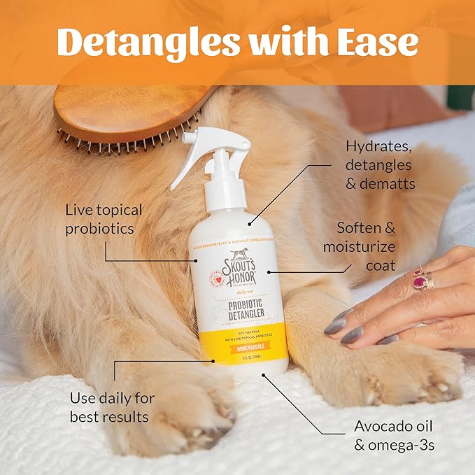 Skout's Honor Pet Detangler Spray - Hydrating & Conditioning with Avocado Oil & Probiotics, 97% Natural, Paraben & Sulfate-Free, softens for a More brushable Coat, Daily Use, 8oz, Honeysuckle, 2-Pack