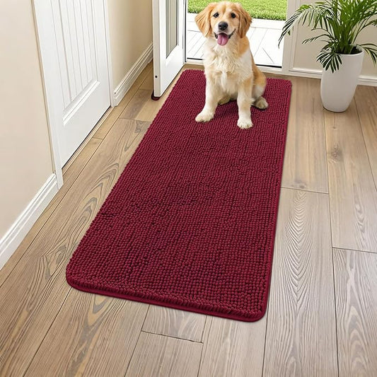 Smiry Dog Door Mat for Muddy Paws 59x24, Absorbs Moisture and Dirt Doormat, Non-Slip Washable Quick Dry Chenille Front Door Mat Indoor Entrance, Entryway Carpet for Inside Floor, Burgundy