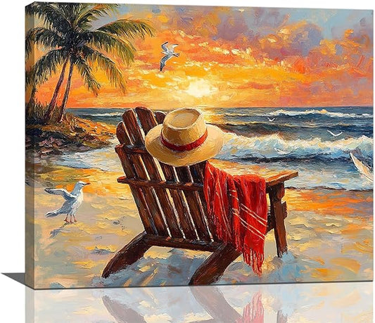 Beach Coastal Bathroom Pictures Wall Art, Seaside Ocean Bathroom Wall Decor, Sunrise Palm Framed Painting Canvas Artwork for Bedroom Living Room Decorations 16"L x 12"W