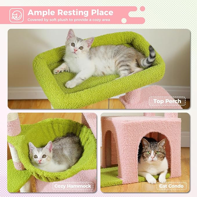 PEQULTI 36.5'' Cat Tree for Indoor Cats, Small Cat Tower with Large Condo, Cat Scratching Posts, Cozy Hammock and Scratching Ladder for Kittens, Pink