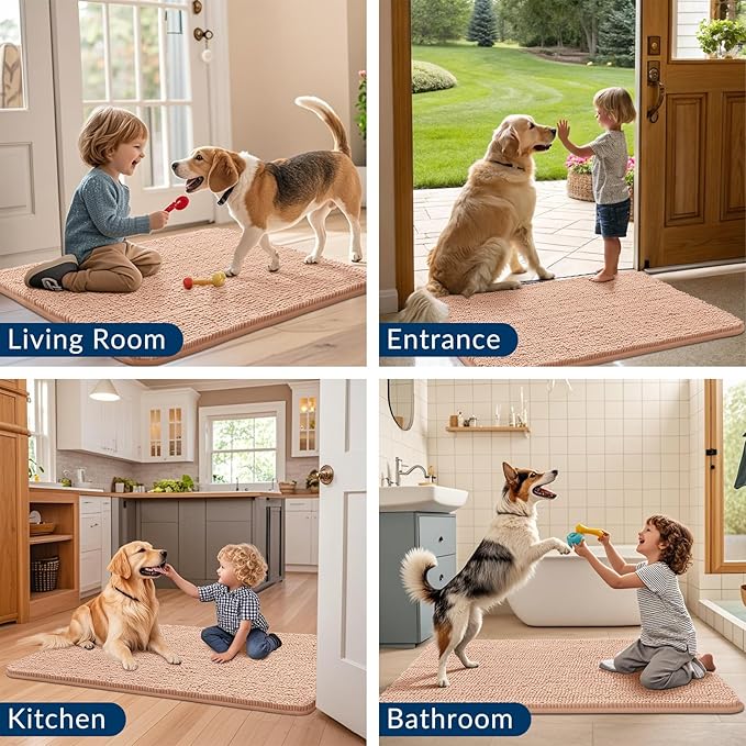 Smiry Dog Door Mat for Muddy Paws 24x16, Absorbs Moisture and Dirt Doormat, Non-Slip Washable Quick Dry Chenille Front Door Mat Indoor Entrance, Entryway Carpet for Inside Floor, Peach