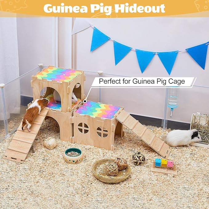 Guinea Pig Hideout, Guinea Pigs House with Stairs and Mats Extra Large Guinea Piggy Castle Detachable Hideouts for Small Animals Wooden Guinea Pig Habitats with Multiple Doors and Windows