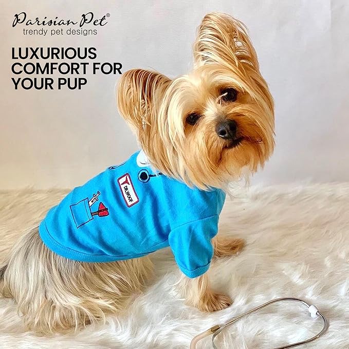 Parisian Pet Doctor Woof Shirt - Embroidered Pirate Costume - Cotton & Polyester Outfit - Sleeved Clothes - Blue Funny Shirts for Large Dogs - Pet Costumes - 3XL