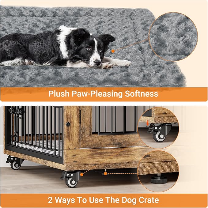 Lulive Dog Crate Furniture, XL Wooden Dog Kennel Indoor Double Doors Dog Cage, 44'' Heavy Duty Dog Crate with Cushion & Wheels, Decorative End Table Pet House Chew-Resistant for Large Dogs, Brown