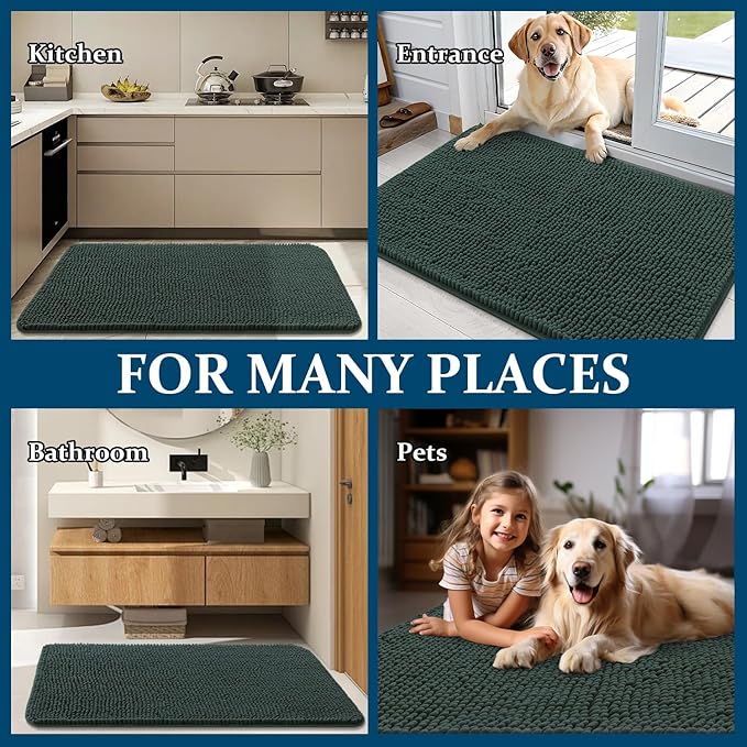 OLANLY Dog Door Mat for Muddy Paws 47x17, Absorbs Moisture and Dirt, Absorbent Non-Slip Washable Doormat, Quick Dry Chenille Mud Mat, Entry Indoor Entryway Carpet for Inside Floor, Blackish Green
