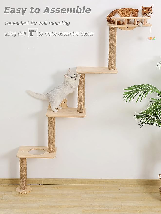 Cat Tree Wall Mounted with 4 Levels Shelves, 73" Wood Corner Tower Inside Kitten Scratching Post for Climbing,Perching and Lounging (Left to Right)