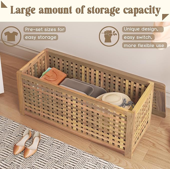Bench with Storage, Acacia Laundry Hamper with Seat, Storage Benches with Seating for Entryway, Living Room, Bedroom, Bathroom (15.7x38.6x17.7in)