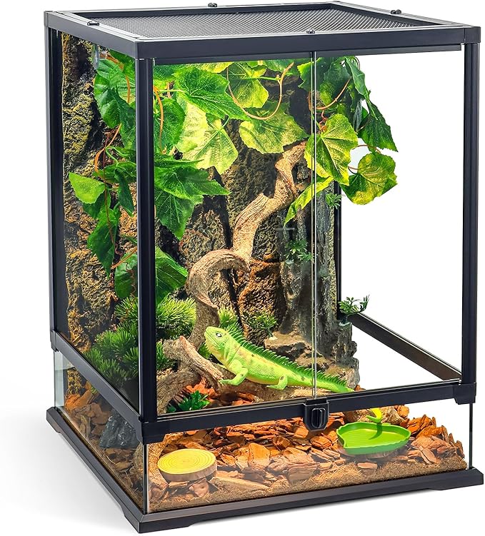 360° Clear View 35 Gallon 24x18x18 Glass Reptile Terrarium Suitable for Bearded Dragon, Chameleon, Crested Gecko, Multi-Pet Enclosure with Front Door, Excellent Ventilation, Hidden Wiring Holes