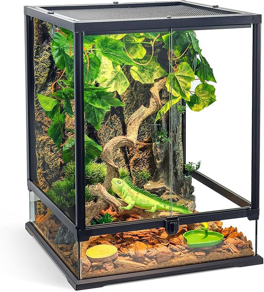 360° Clear View 35 Gallon 24x18x18 Glass Reptile Terrarium Suitable for Bearded Dragon, Chameleon, Crested Gecko, Multi-Pet Enclosure with Front Door, Excellent Ventilation, Hidden Wiring Holes