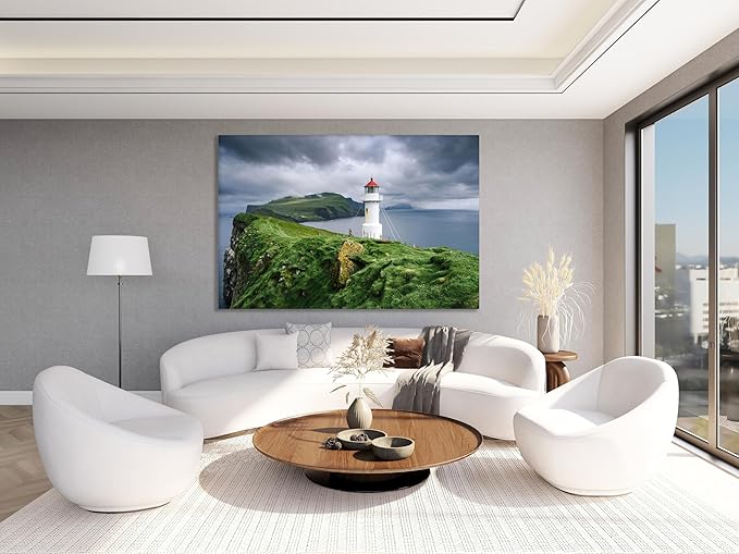 Nature Wall Art Prints - Ocean Forest Mountain Lake Canvas Landscapes - Small to Extra Large Living Room Bedroom Kitchen Bathroom Décor (Stormy Sky Lighthouse, 20L" x 30W")