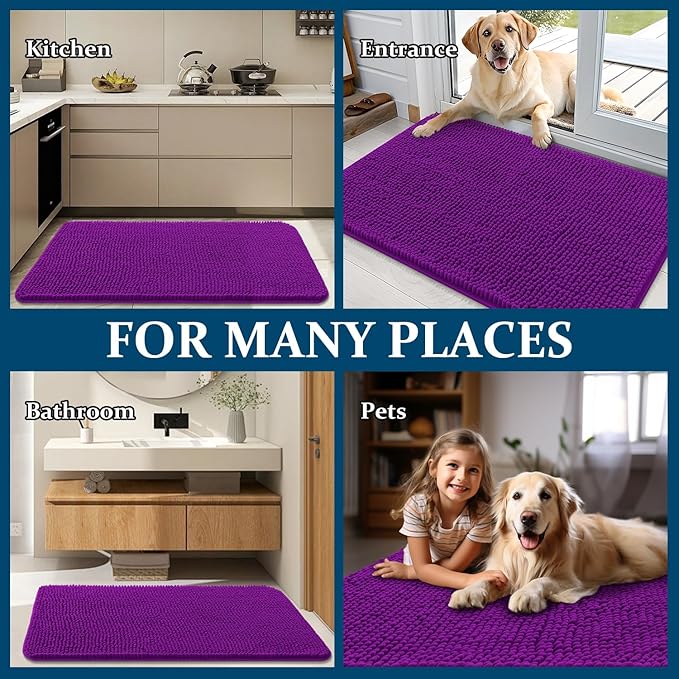 OLANLY Dog Door Mat for Muddy Paws 59x20, Absorbs Moisture and Dirt, Absorbent Non-Slip Washable Doormat, Quick Dry Chenille Mud Mat for Dogs, Entry Indoor Entryway Carpet for Inside Floor, Purple